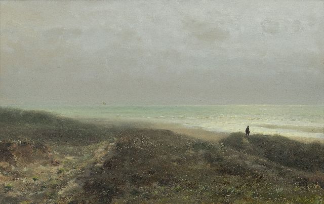 Johannes Josephus Destrée | A dune landscape with a figure watching the sea, oil on panel, 27.6 x 43.8 cm, signed l.r. and dated 1879
