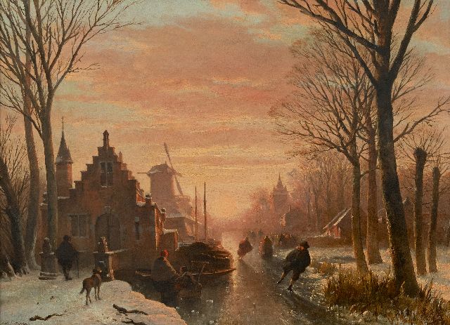 Abraham van der Wayen Pieterszen | Skaters on a frozen town canal at sunset, oil on panel, 43.3 x 59.3 cm, signed l.l.