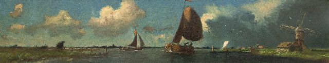 Ids Wiersma | A landscape in Friesland with sailing flatboats, oil on canvas, 41.5 x 208.5 cm, signed l.r.