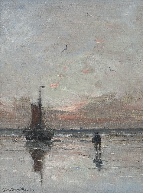 Munthe G.A.L.  | Fishing vessel in the surf at sunset, oil on canvas 40.4 x 30.2 cm, signed l.l. and dated '21