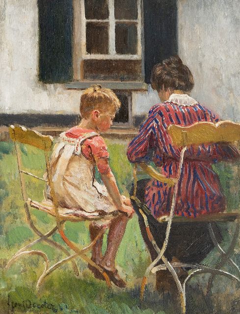 Frans Oerder | Mother and daughter in the garden, oil on panel, 37.1 x 28.5 cm, signed l.l.