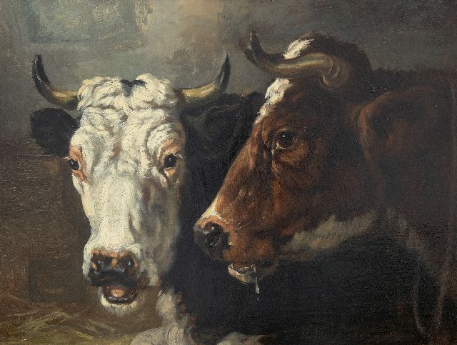 Richard Burnier | Two cows's heads, oil on panel, 32.3 x 45.0 cm, signed on the reverse