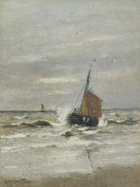 Morgenstjerne Munthe | The return of 'KW9' on the beach of Katwijk, oil on canvas, 40.4 x 30.8 cm, signed l.l.