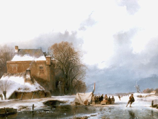 Andreas Schelfhout | Skaters and a 'koek and zopie' on a frozen river, oil on panel, 39.6 x 49.1 cm, signed l.l.