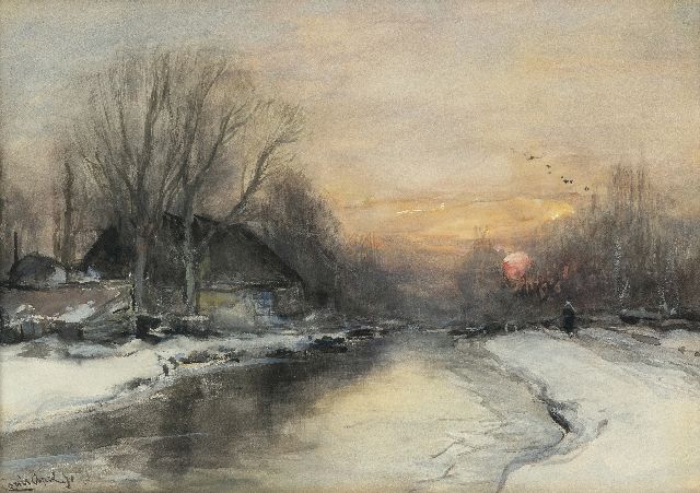 Louis Apol | A snowy riverbank at sunset, watercolour on paper, 25.3 x 35.4 cm, signed l.l.