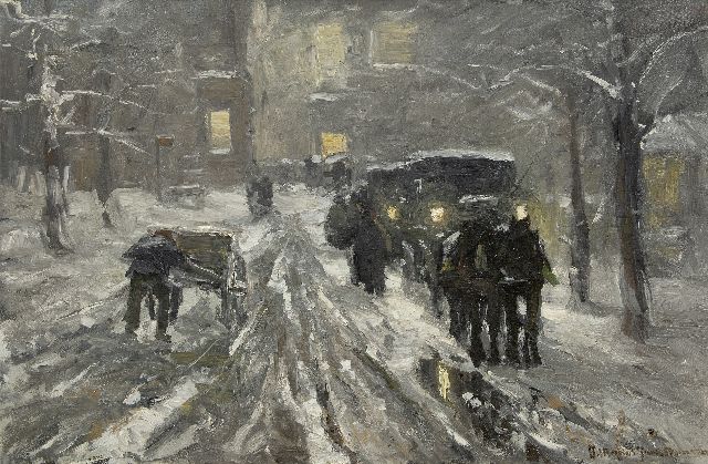 Morgenstjerne Munthe | Horses and carriages in a snowy town by night, oil on canvas, 66.3 x 100.7 cm, signed l.r.