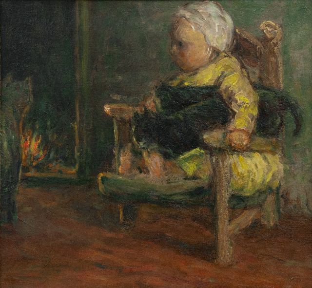 Blommers B.J.  | A child and catsnear the fire, oil on canvas 26.2 x 28.1 cm