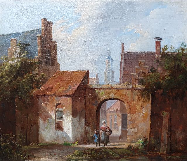 Cornelis Springer | A sunny town view, oil on panel, 13.7 x 16.1 cm, signed l.l. with mon. and in full on a label on the rev. and painted ca. 1838-1840