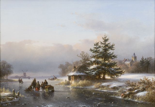 Lodewijk Johannes Kleijn | A winter landscape with figures and skaters on the ice, oil on panel, 29.6 x 40.5 cm, signed l.r.