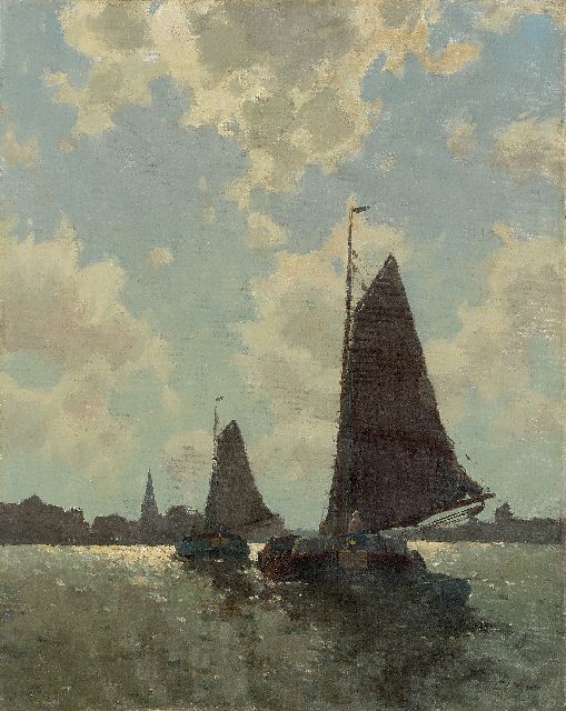 Egnatius Ydema | Two barges in backlight near Eernewoude, oil on canvas, 50.5 x 40.3 cm, signed l.r.