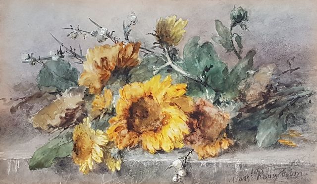 Margaretha Roosenboom | Sunflowers on a stone ledge, watercolour on paper, 44.3 x 74.8 cm, signed l.r.
