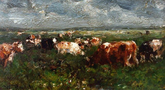 Roelofs W.  | A landscape with cows grazing, oil on panel 7.5 x 12.4 cm, signed l.l.