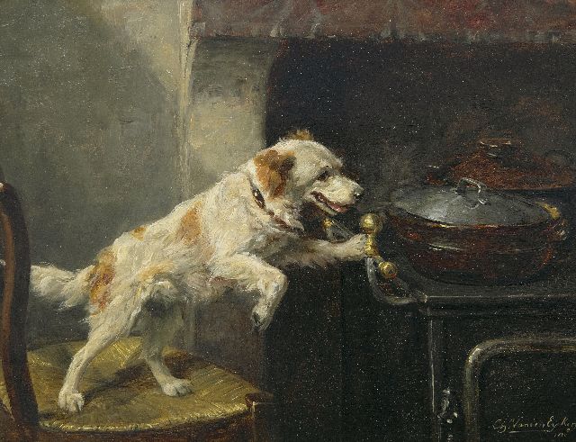 Eycken Ch. van den | Alone in the kitchen, oil on panel 21.4 x 27.8 cm, signed l.r. and dated 1880 and on the reverse 6.3.80