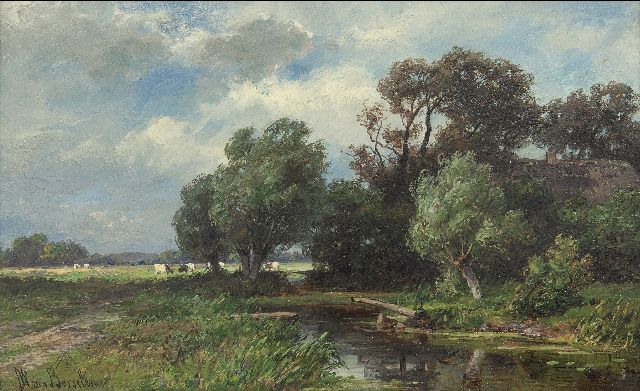 Borselen J.W. van | Grazing cattle in a polder landscape, oil on panel 18.0 x 29.0 cm, signed l.l.