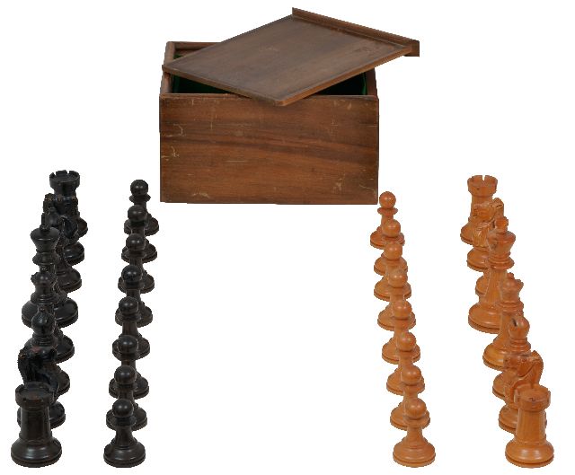 Schaakset, opbergdoos   | A Staunton pattern boxwood and ebonised chess set, in a green baize lined box, wood 9.5 x 4.3 cm, ca. 1930