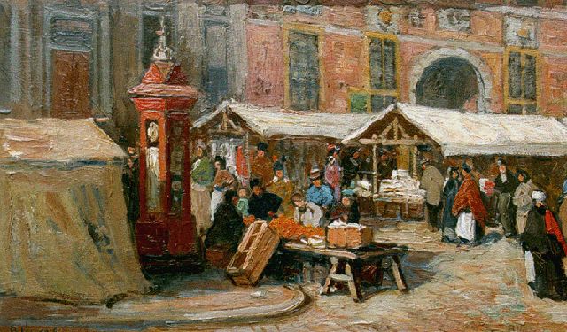 Ben Viegers | Market at the Boterwaag, The Hague, oil on canvas, 22.6 x 37.0 cm, signed l.r.