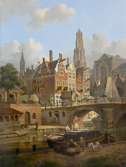 Verheijen J.H.  | A capriccio of the Oudegracht and the Domchurch in Utrecht, oil on panel 31.7 x 24.2 cm, signed l.l.