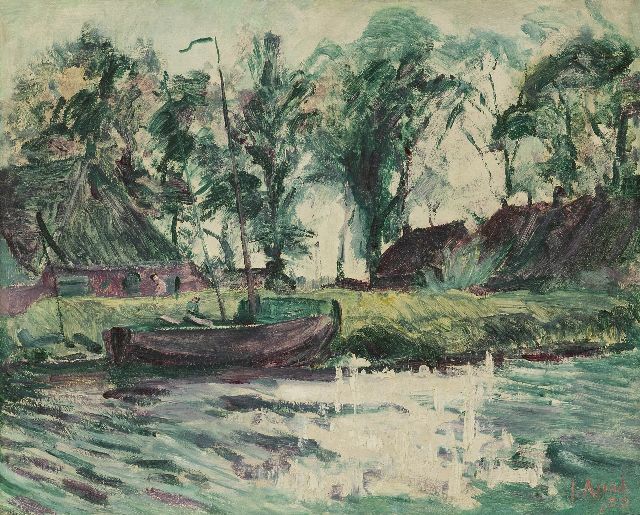 Altink J.  | A moored sailing ship near farmhouses, wax paint on canvas 43.0 x 54.4 cm, signed l.r. and dated '29