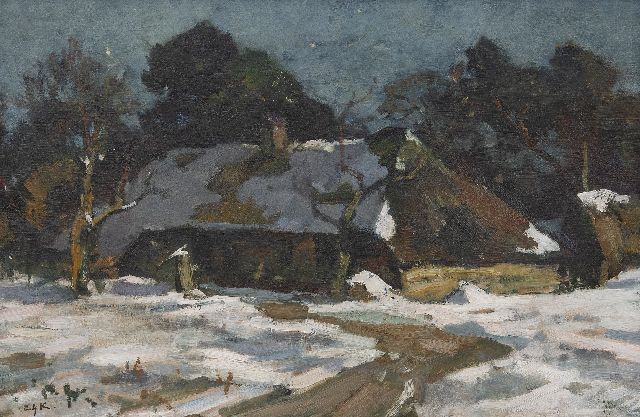 Koning E.W.  | A farmhouse on the Veluwe in the snow, oil on canvas 32.2 x 48.3 cm, signed l.l. with initials