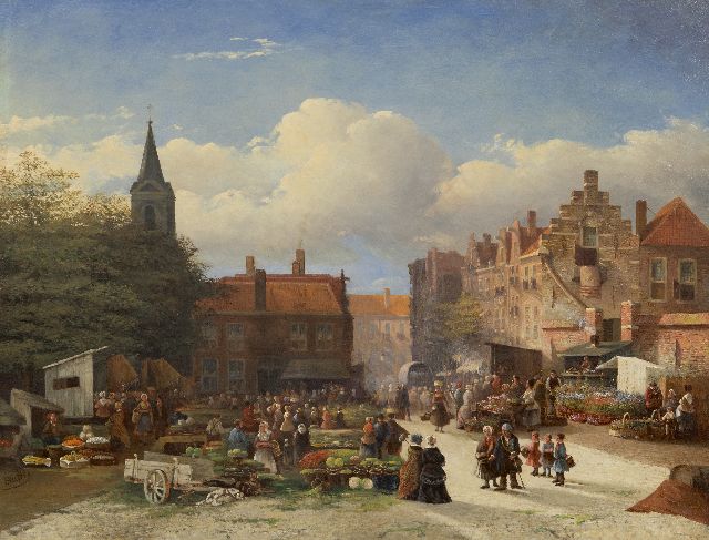 Bles J.  | A vegetable and flower market in a Dutch town, oil on panel 45.3 x 58.8 cm, signed l.l. and dated '51