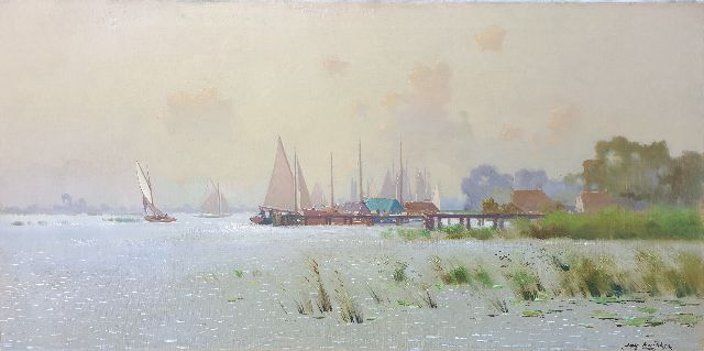 Knikker jr. J.S.  | Sailing on a lake in Zuid-Holland, oil on canvas 40.4 x 80.5 cm, signed l.r.