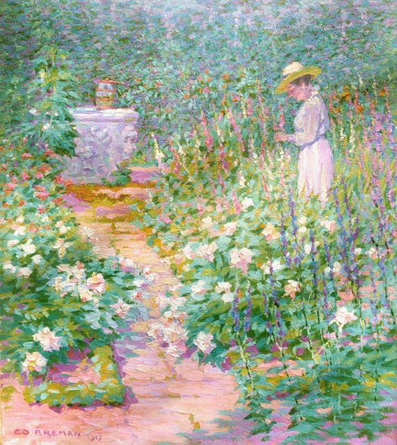 Breman A.J.  | A lady in a garden, oil on canvas 56.3 x 48.8 cm, signed l.l. and dated 1917