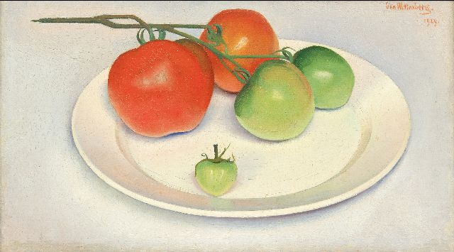 Jan Wittenberg | Plate with tomatoes, oil on canvas laid down on panel, 15.3 x 26.7 cm, signed u.r. and dated 1929