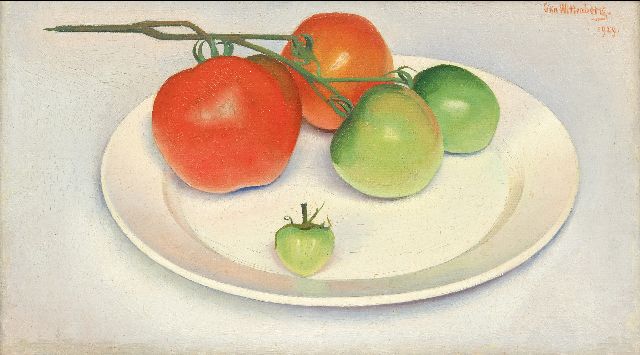 Wittenberg J.H.W.  | Plate with tomatoes, oil on canvas laid down on panel 15.3 x 26.7 cm, signed u.r. and dated 1929