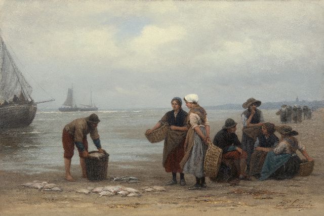 Sadée P.L.J.F.  | Selling fish on the beach of Scheveningen, oil on canvas 49.9 x 75.0 cm, signed l.r.