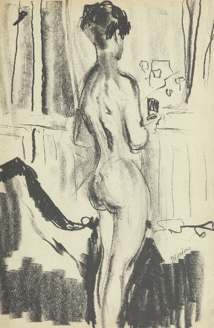 George Martens | Nude, seen from the back, in the artist's studio, black chalk on paper, 48.0 x 32.5 cm, signed r.c. and painted ca. 1931