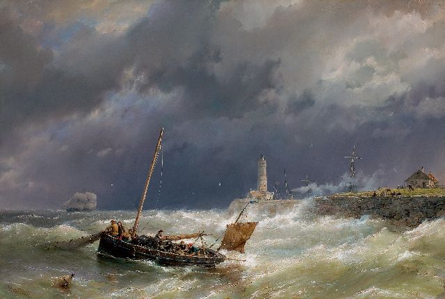 Hermanus Koekkoek | Gathering the nets on a stormy sea, oil on canvas, 67.4 x 100.7 cm, signed l.l.