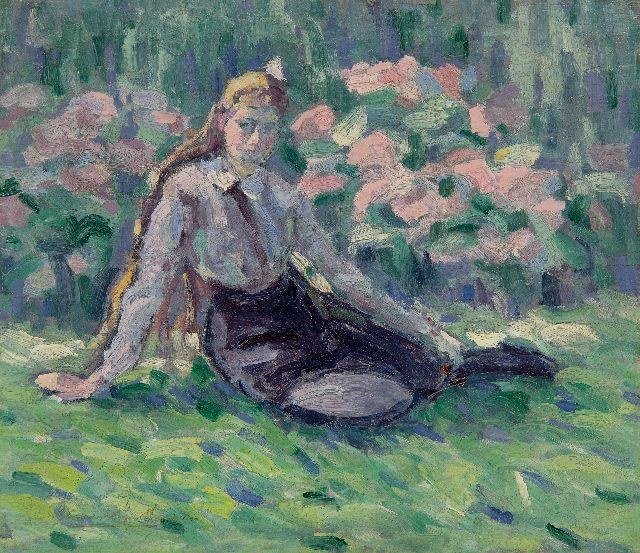 Belgische School, 2e helft 19e eeuw | Young girl in the garden, oil on panel, 24.4 x 27.4 cm, signed l.l.