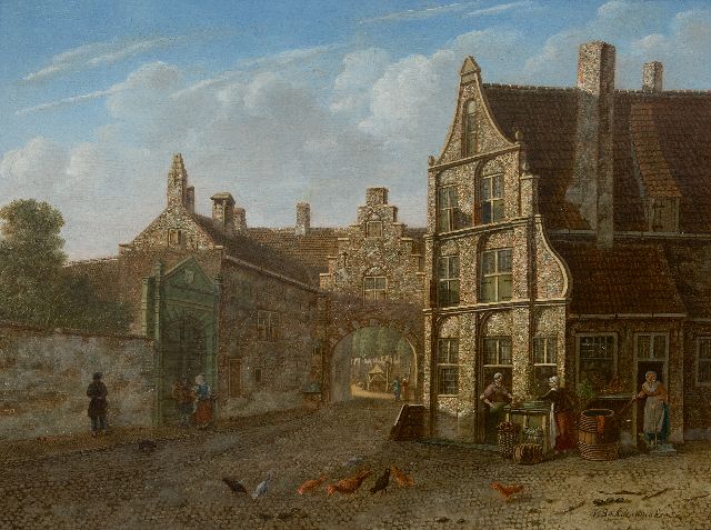 Schoenmaker Pzn J.  | A town view with vegetable sellers, oil on panel 31.9 x 42.8 cm, signed l.r.