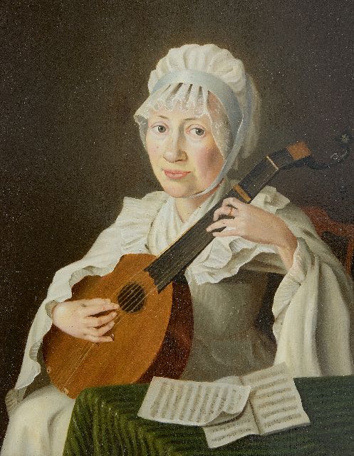 Hollandse School, 18e eeuw   | A woman playing the lute, oil on panel 28.7 x 24.5 cm