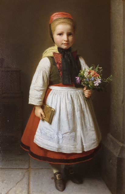 Friedrich Boser | Girl holding flowers, oil on panel, 41.8 x 27.1 cm, signed l.l. and dated 1862