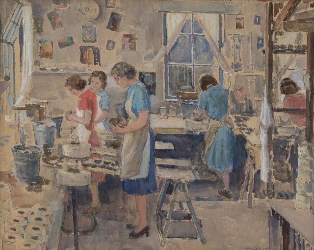 Bart Peizel | Polishing cups in the factory Royal Goedewaagen, Gouda, watercolour on paper laid down on board, 39.5 x 49.2 cm, signed l.r.