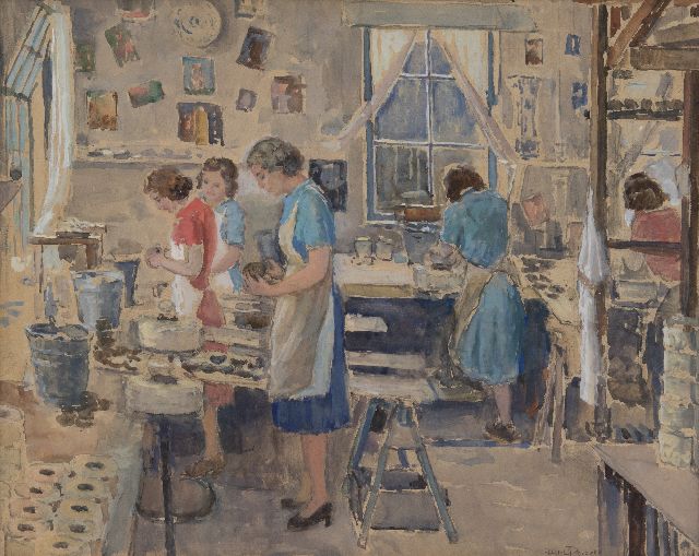 Peizel B.  | Polishing cups in the factory Royal Goedewaagen, Gouda, watercolour on paper laid down on board 39.5 x 49.2 cm, signed l.r.