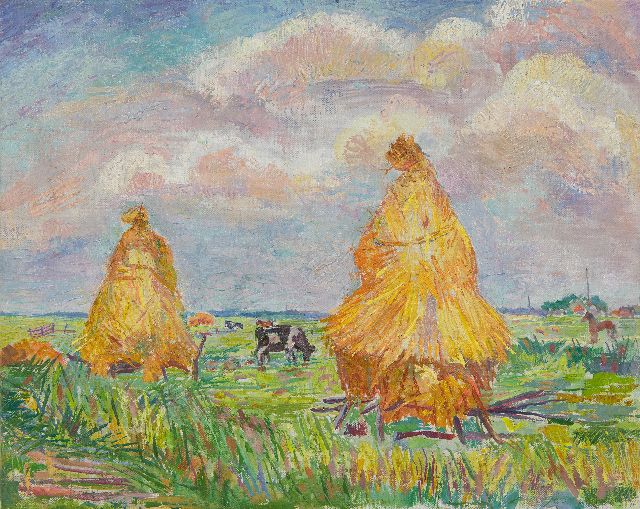 Pijpers E.E.  | Haystacks in a field, oil on canvas 36.9 x 45.8 cm