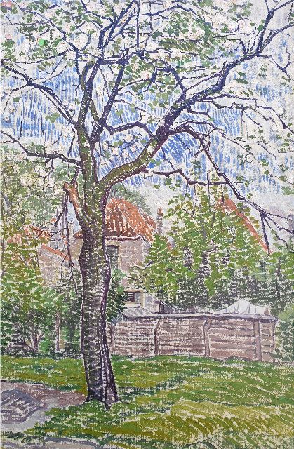 Edith Pijpers | Garden with apple tree in bloom, oil on canvas, 54.7 x 36.8 cm