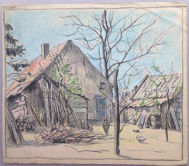 Edith Pijpers | Farmyard in winter, chalk on paper, 31.7 x 36.4 cm