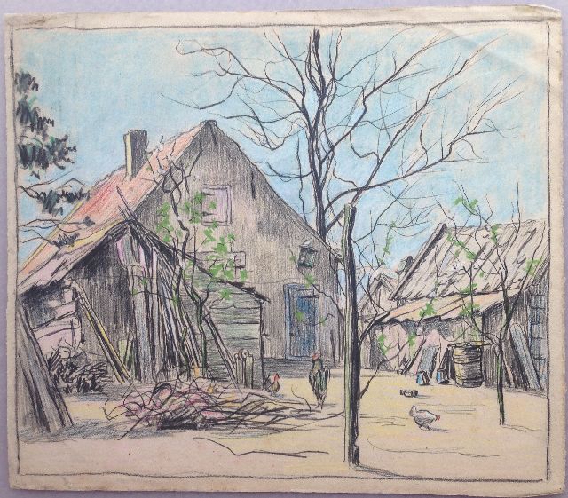 Pijpers E.E.  | Farmyard in winter, chalk on paper 31.7 x 36.4 cm