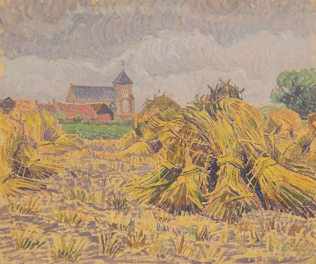 Pijpers E.E.  | A village church betweencornfields, oil on paper 38.1 x 48.5 cm