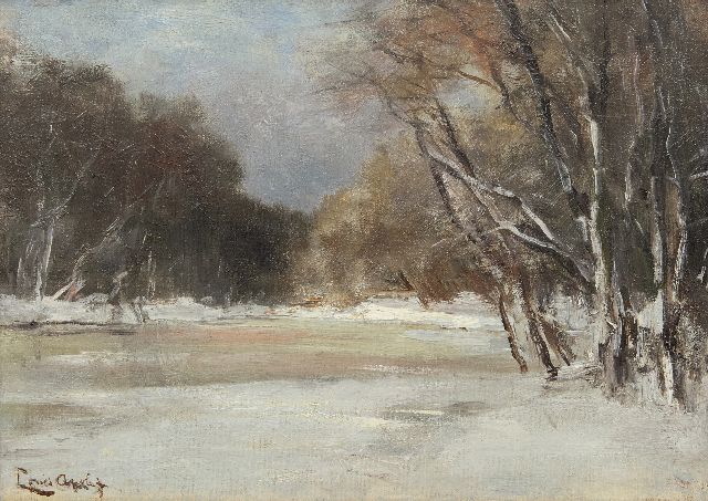 Louis Apol | A snowy forest pond, oil on canvas laid down on panel, 25.6 x 35.8 cm, signed l.l.