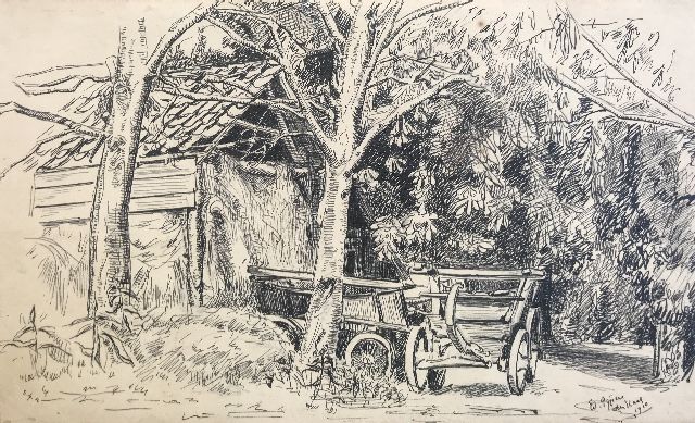 Edith Pijpers | Horse carriages on a farmyard, pen on paper, 14.6 x 24.0 cm, signed l.r. and dated 'Den Haag' 1910