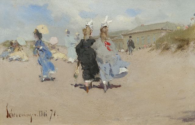 Frederik Hendrik Kaemmerer | Elegant ladies at Scheveningen beach, oil on board, 15.5 x 24.0 cm, signed l.l. and dated 'Scheveningen' Mai '71