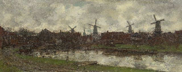 Maris J.H.  | The four windmills, Schiedam, oil on canvas 45.0 x 112.6 cm, signed l.l.