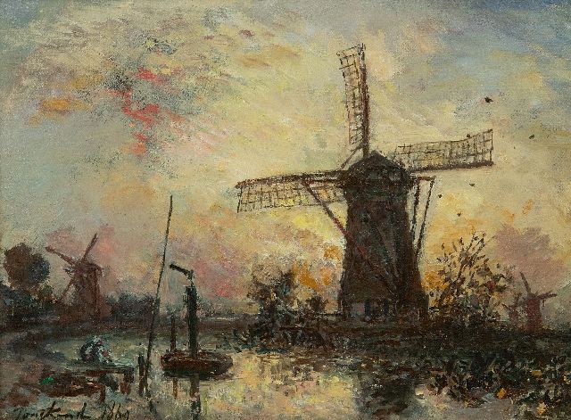Johan Barthold Jongkind | Moulins au bord d'un canal, Hollande, oil on canvas, 24.6 x 33.0 cm, signed l.l. and dated 1869