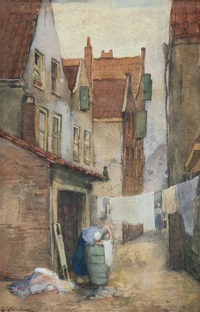 Breitner G.H.  | Alley in Rotterdam with laundress, watercolour on paper 39.1 x 25.7 cm, signed l.l. and dated '80