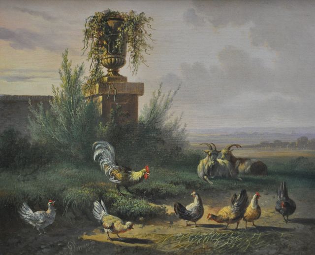 Albertus Verhoesen | A landscape with poultry and two goats, oil on panel, 18.0 x 22.1 cm, signed l.l. and dated 1861