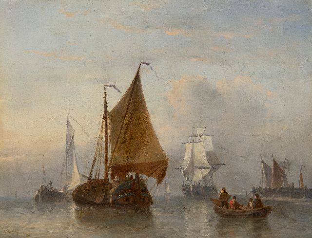 Opdenhoff G.W.  | Shipping in a calm near a harbour, oil on panel 27.9 x 36.2 cm, signed l.l.